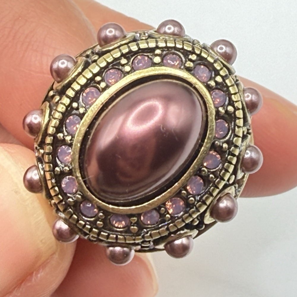 Heidi Daus Purple Pink Faux Pearl & Crystal Cocktail Ring Size 4.75 w/ Box